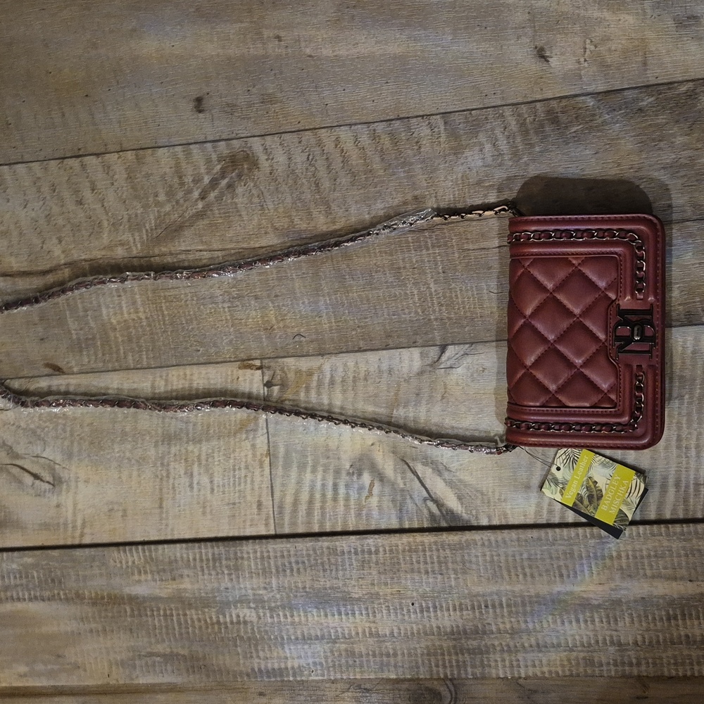 Badgley Mischka Quilted Crossbody Mini Bag Vegan Leather Wine Frame And Chain